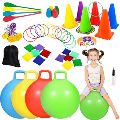 CWLAKON 53PCS Carnival Outdoor Games Combo Obstacle Course Set for Kids, Hopper Balls, Ring Toss, Bean Bags, Egg Spoon Relay Race, Outside Yard Backyard Field Day Birthday Party Family Reunion Game