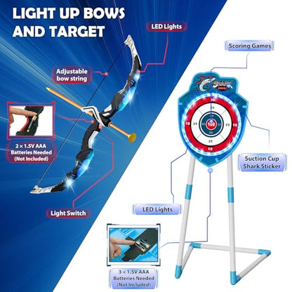 VATOS 2 Pack Bow and Arrow Toy with LED Light - 4 in 1 Archery & Dart Game Set with 20 Suction Cup Arrows, Shark Glow Target & Dart Board - Indoor/Outdoor Birthday Gift for Kids Boys Girls Ages 5-12 - color: Blue