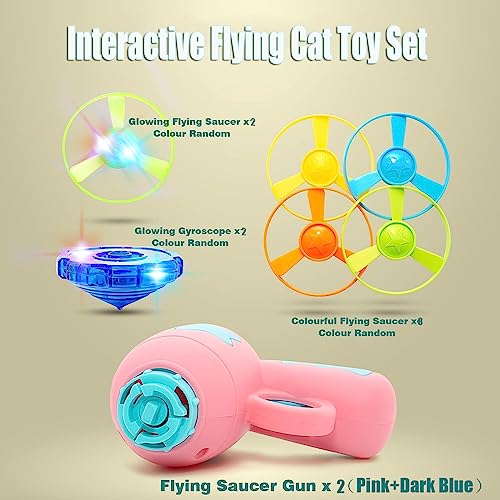 14 Pieces Cat Fetch Toys, Interactive Flying Cat Toy with 2 Light Up Spinning Tops, 10 Flying Propellers, Cat Kitten Tracks Interactive Toy for Training Hunting Chasing - color: Dark Blue+Pink