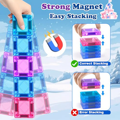 Mini Magnetic Tiles Travel Set 40PCS with Iron Box Princess Castle Pretend Girl Play Toys Age 3 4-5 6-8, Educational Portable Magnet Building Tiles Christmas Birthday Gifts for Toddlers Boys & Girls