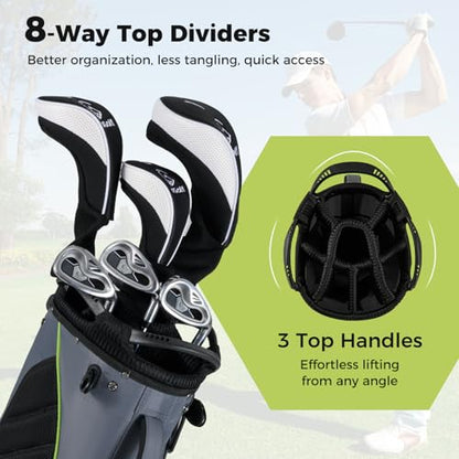 ULTIMATE Golf Stand Bag, 8-Way Golf Bag with 5 Pockets, Rain Hood, Detachable Dual Shoulder Strap, Lumbar Pad, Handles, Portable Golf Club Bag for Men & Women - color: Grey