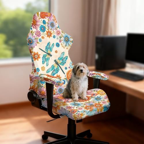Suobstales Boho Mandala Dragonfly Pattern Gaming Chair Cover, Stretchable Computer Office Chair Cover for Armchair, Swivel Chairs, Computer Boss Chair, Removable Chair Slipcovers with Armrest Cover - color: Boho Mandala Dragonfly