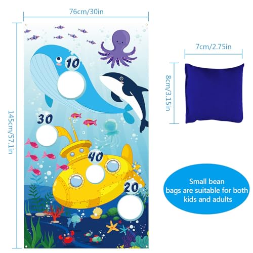 Blulu Ocean Animal Toss Games Banner with 4 Bean Bags Toss Game Indoor Outdoor Dolphin Whale Octopus Blue Birthday Party Decorations for Ocean Animal Theme Party Supplies Photo Background Backdrop