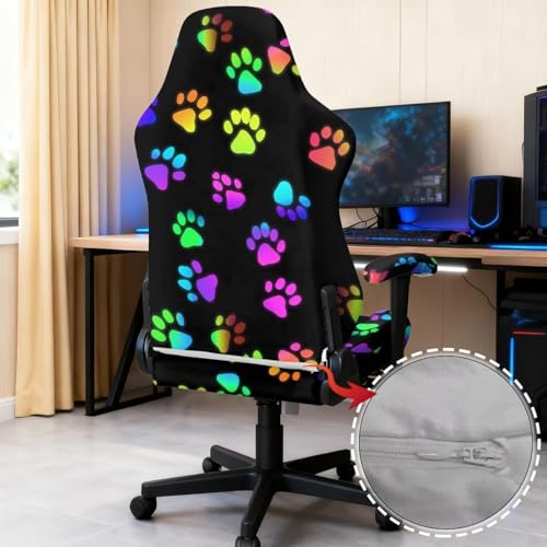Colorful Paw Print Gaming Chair Cover with Armrest Covers Cat Proof Soft Stretchable Gaming Chair Slipcover Non Slip Washable Computer Chairs Seat Slipcovers Fits Most Office/PC Chairs 4 PCS - color: Colorful Paw Print