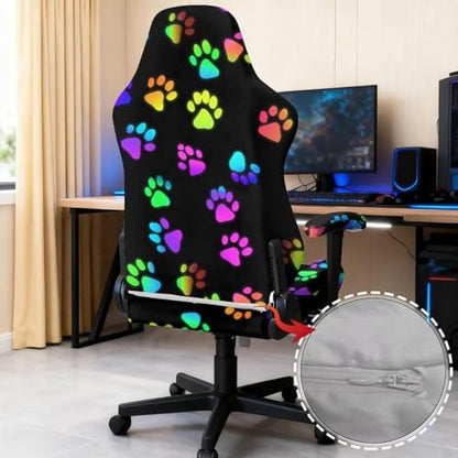 Colorful Paw Print Gaming Chair Cover with Armrest Covers Cat Proof Soft Stretchable Gaming Chair Slipcover Non Slip Washable Computer Chairs Seat Slipcovers Fits Most Office/PC Chairs 4 PCS - color: Colorful Paw Print