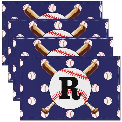 Baseball Place Mats 12x18 Inch Set of 4 Black Initial Letter R Kitchen Mats for Boys Teens Adults Sports Ball Blue White Red Table Mats for Dining Table - color: Blue R