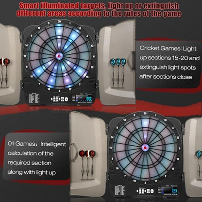 Electronic Dart Board Cabinet Set, Illuminated Target Dartboard for Adults, 48 Games with 315 Variations Soft Tip Digital Dartboard Cabinets with 6 Darts, 100PCS Soft Tips