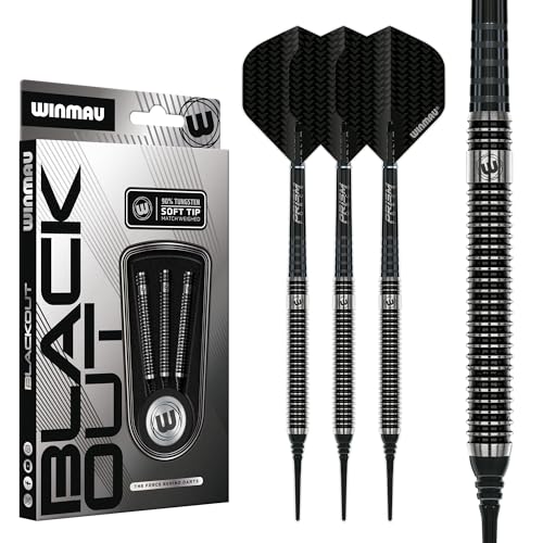 Winmau Blackout Softip Tungsten Darts Set with Flights and Shafts (Stems) - size: 18G - Soft Tip, style: Soft Tips