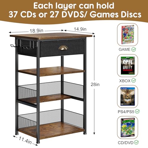 Hongtamoya 4-Tier AV Media Stand with Drawer, Video Game Console Shelf with 2 Hooks, Audio Rack Tower Perfect for/Xbox/ PS5/Switch/Game Consoles/DVD/Record Player/Projector/Sky Box/TV Accessories