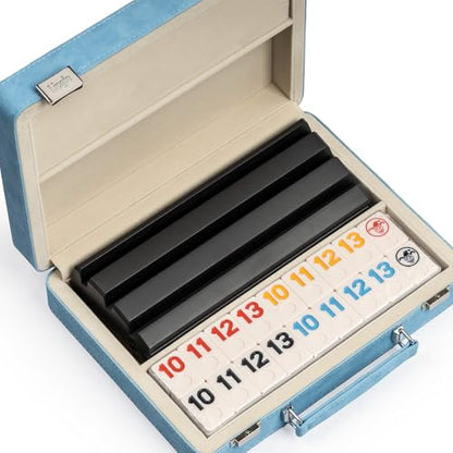 Rummy Game Set, 2-4 Players with 106 Rummy Tiles and 4 Racks, Rummy Travel Game Set with Faux Leather Case, Fun Family Classic Board Games (Blue) - color: Blue