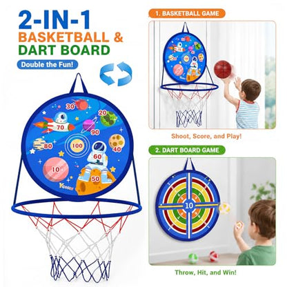 2 in 1 Basketball Hoop and Dart Board, 14" Dart Board for Kids, Basketball Hoop for Kids Toddlers, Sports & Outdoor Play, Birthday Gift Toys for 3 4 5 6 7 8 9 10 Year Old Boys Girls Kids, Party Favors - style: 2 in 1 Blue Outer Space Theme