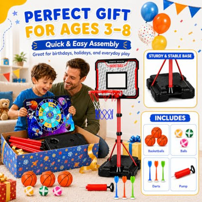 2-in-1 Kids Basketball Hoop with Flip Backboard & Space Target Game, Height Adjustable 3.5-6.2 FT for Ages 3-8, Indoor & Outdoor Play Set with Pump, Mini Basketballs, Sticky Target Balls & Soft Darts