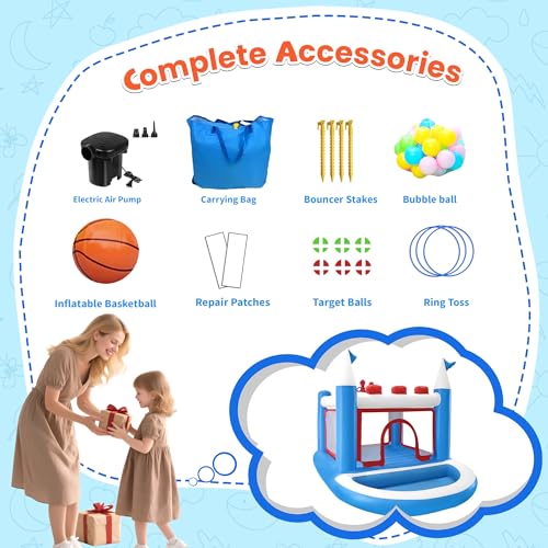 Kids Bounce House with Ball Pit, Basketball Hoop, Target Game and Ring Toss Game PVC Jumping Castle with Electric Air Pump 98”x 70”x 65” Trampoline for Ages 3-8 Indoor or Outdoor Play