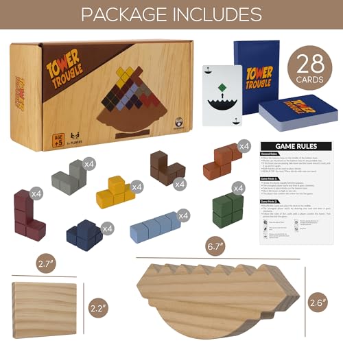 Tower Stack Game - 32PCS Wooden Balance Game with Building Blocks & Cards - Durable Tetra Tower Stacking for Kids & Adults - Fun 1+ Player Balance Stacking Games.