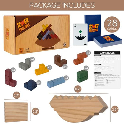 Tower Stack Game - 32PCS Wooden Balance Game with Building Blocks & Cards - Durable Tetra Tower Stacking for Kids & Adults - Fun 1+ Player Balance Stacking Games.