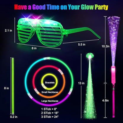 OLUPP 148 PCS Glow in the Dark Party Supplies, 16 Fiber Optic Wands, 14 LED Glasses, 100 Glow Sticks and 18 LED Hair Clips Fiber Optic for Neon Party, Wedding, Birthday, Concert, New Year