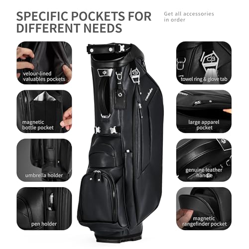 Luxury Faux Leather Golf Stand Bag, 4-Way Full-Length Divider Golf Bag with Carbon Fiber Stand, Cooler Pocket, Ergonomic Straps, Magnetic Pocket, Golf Club Bag with Rain Hood for Men/Women - color: Black