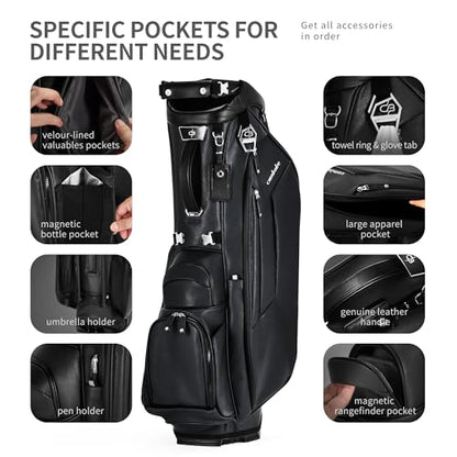Luxury Faux Leather Golf Stand Bag, 4-Way Full-Length Divider Golf Bag with Carbon Fiber Stand, Cooler Pocket, Ergonomic Straps, Magnetic Pocket, Golf Club Bag with Rain Hood for Men/Women - color: Black