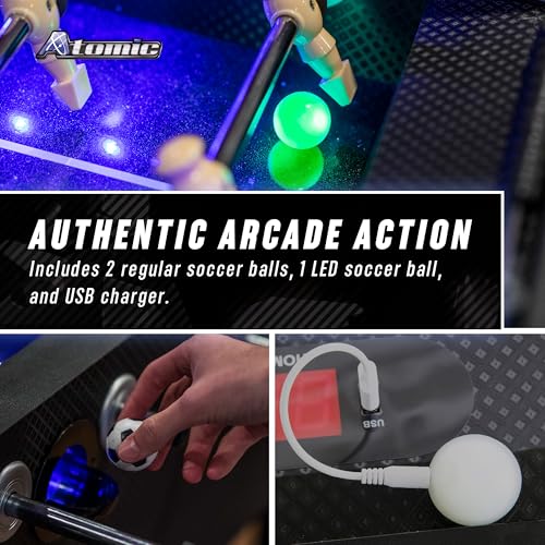 Atomic Azure LED Foosball Table – Light Up Arcade Style Table with In-Rail LED Lighting, Music, Electronic Scoring, Glow Foosball, 47” x 27” Playfield