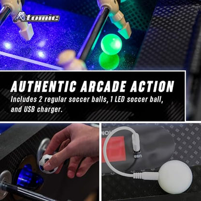 Atomic Azure LED Foosball Table – Light Up Arcade Style Table with In-Rail LED Lighting, Music, Electronic Scoring, Glow Foosball, 47” x 27” Playfield