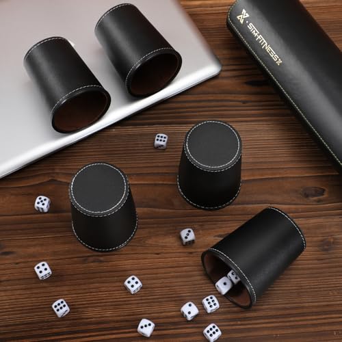 Leather Dice Cup Set, 5 Black Dice Cups + 25 Dices + Exclusive Storage and Transport Case Made of Faux Leather for Dad(Black) - color: Black