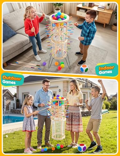 Outdoor Games Wooden Classic Giant Tower, 4FT Yard Game with 36 Balls and 42 Sticks, Dice Game for 2-6 Players, Kids and Adults, Party Game for Outdoor and Indoor, Ideal Gift for Boys and Girls