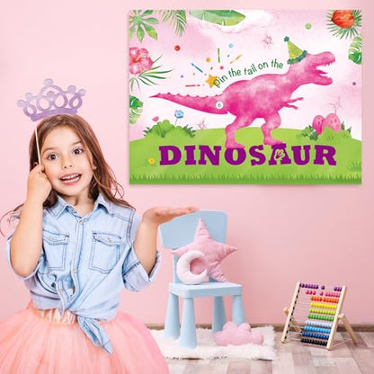 WERNNSAI Pin The Tail on The Dinosaur - Girl Dinosaur Party Decorations Pink Dino Party Games for Birthday Celebration Supplies 21" x 28" Poster with 24 PCS Tails Stickers - style: Dinosaur F 002