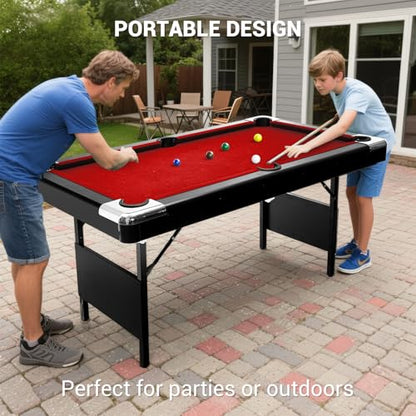 7 Foot Pool Table for Family, Foldable No Assembly Pool Table with Balls, Cues, Chalk, Rack & Brush, Portable Billiards Game Table for Apartment, Basement, Office & Game Room - size: Red-6FT
