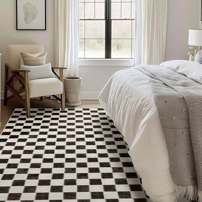 EVERGRACE Checkered Plaid Area Rug 9x12, Soft Fuzzy Faux Wool Rugs Washable Anti Slip Rugs Large Rug Carpet for Entryway Bedroom Living Room Hallway Kitchen and Laundry Room, Black and White - color: Black, size: 9' x 12' (Rectangular)