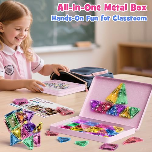 WMXDU 42-Piece Glitter Magnetic Tiles Travel Set with Pink Metal Box - Portable STEM Building Blocks for Kids Ages 3-8 Boys & Girls STEM Montessori Educational Toys for Airplane Car Rides - style: 42pcs-Pink