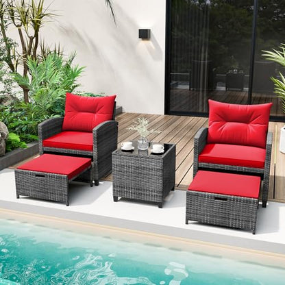 Tangkula 5 Pieces Patio Conversation Set, PE Wicker Rattan Outdoor Furniture Set with 2 Chairs, 2 Ottomans & Tempered Glass Coffee Table, Ideal for Poolside, Backyard, Lawn, Deck, Mix Grey & Red - color: Mix Grey & Red