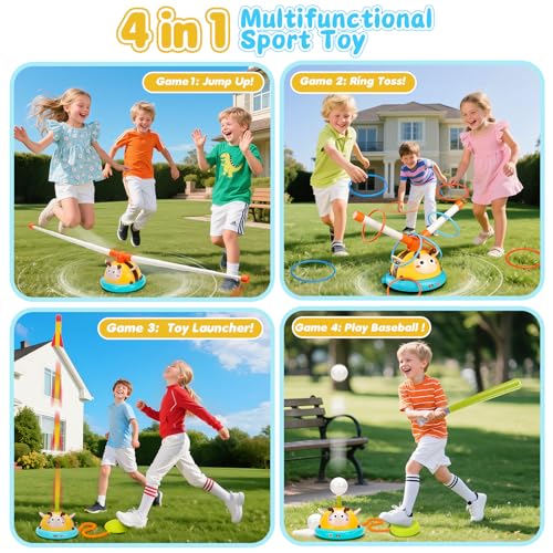 Outdoor Toys for Kids 4-8, 4-in-1 Musical Jump Toy, Toss Ring & Baseball Game, Indside Outside Active Play Sports Toy for Toddlers Ages 3-5, for Boys Girls 3 4 5 6 7 8