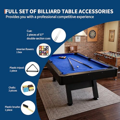 Garvee 7 ft Pool Tables,Billiard Table Set with 2 Cue Sticks, Balls, Triangle, Chalk & Brush,Modern Billiards Table with Black Wood Finish,for Home, Basement, Game Room, Office