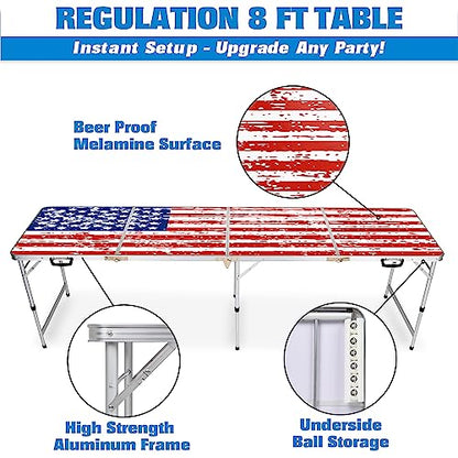 GoPong 8 Foot Portable Beer Pong/Tailgate Tables (Black, Football, American Flag, or Custom Dry Erase) - color: American Flag