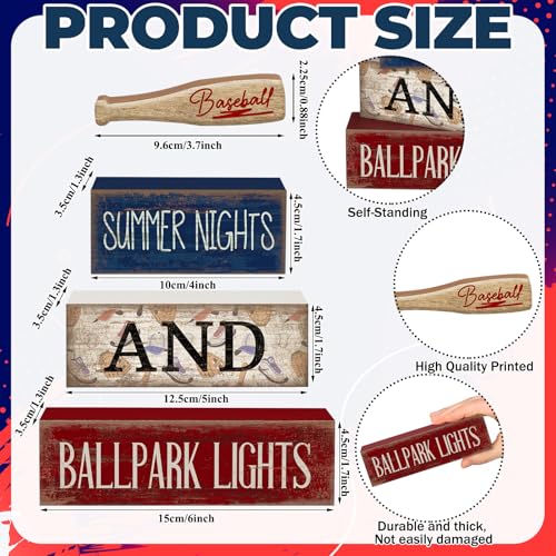 Lineshading 4 Pcs Baseball Decorations Stacked Wooden Blocks Signs with Bat Topper, Summer Nights Ballpark Lights Decor - Baseball Table Decor Ideal Gift for Fans Boys Room Party Coffee Shelf - style: Summer Nights and Ballpark Lights