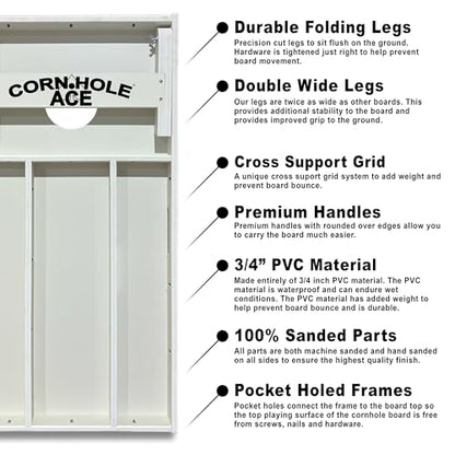 CornholeAce All Weather Professional Cornhole Boards | Plain Not Coated | Made of 3/4 inch PVC, Includes Handles, Official Pro Tournament Style, Waterproof