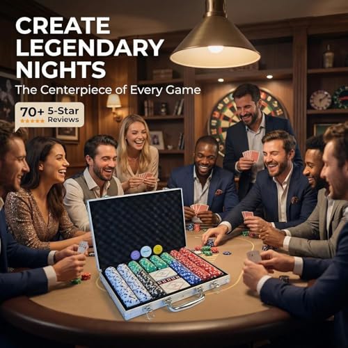 HEITOK 300pc Poker Chip Set 11.5g Iron Core Denominations Texas Holdem | 2-8 players, numbered values 1/5/25/100/500, aluminum case, cards, dice, dealer/small/big blind buttons, Blackjack - size: 300 numbered chips set