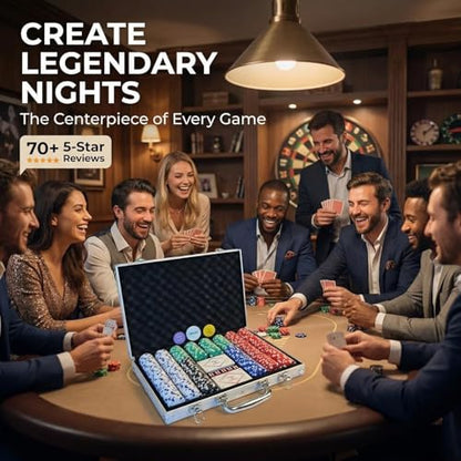 HEITOK 300pc Poker Chip Set 11.5g Iron Core Denominations Texas Holdem | 2-8 players, numbered values 1/5/25/100/500, aluminum case, cards, dice, dealer/small/big blind buttons, Blackjack - size: 300 numbered chips set