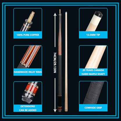 CUEELF Professional Pool Cue Stick – Handmade, Low Deflection | Solid Brass Joint Low Deflection Shaft 12.5mm Pro Tip & Inlay Ring Leather Non-Slip Wrap Precision Balanced - color: CJ-SH-04