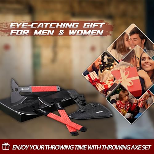Dream Reach Throwing Axe Set - 3PCS Full Tang Throwing Hatchets with TPR Rubber Sleeve and Protective Sheaths for Recreation and Competition - color: Red Set of 3