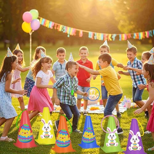 Cinrobiye 62 Pcs Easter Outdoor Games Set, Field Day Party Activities with Potato Sack Race, Egg and Spoon Race, Three Legged Race and Ring Toss for Family Gatherings and Spring Events