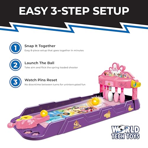 World Tech Toys Disney Princesses Tabletop Bowling Game – Spring Launcher, Auto-Reset Pins, Disney Arcade Style – Mini Games for Kids & Adults - Ages 6+