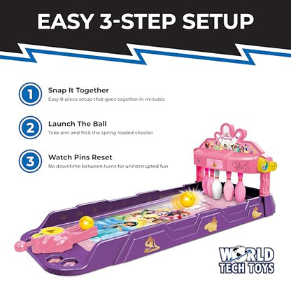 World Tech Toys Disney Princesses Tabletop Bowling Game – Spring Launcher, Auto-Reset Pins, Disney Arcade Style – Mini Games for Kids & Adults - Ages 6+
