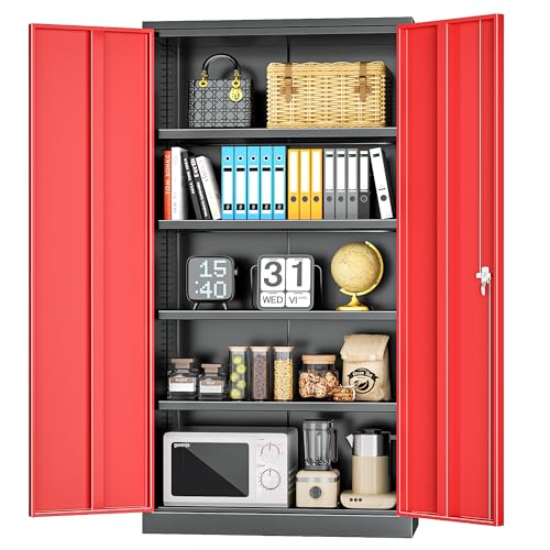 INTERGREAT Metal Storage Cabinet, 72” H Storage Cabinet with 2 Doors and 4 Adjustable Shelves for Office, Home, Garage, Pantry (Assembly Required, Black Red) - color: Black Red, size: 72" Large Storage Cabinet