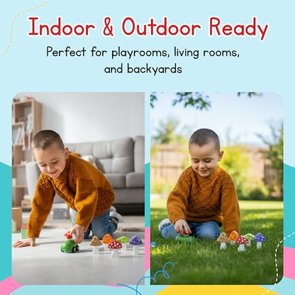 Jack Rabbit Creations Gnome & Mushroom Toddler Mini Bowling Set Game Indoor & Outdoor Toy for Kids- Wooden Skittles Set- Fun Montessori Game for Toddlers & Children