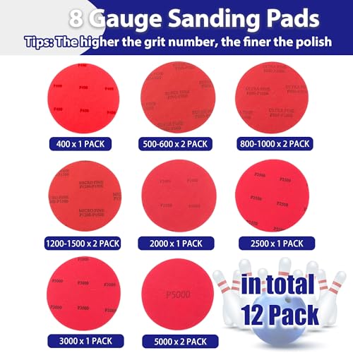 12 PCS Bowling Ball Sanding Pads, Bowling Sanding Pads Polishing Cleaning Kit, Bowling Ball Polish Pad 400, 500~600, 800~1000, 1200~1500, 2000, 2500, 3000, 5000