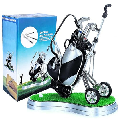 Golf Pen Holder with 3 Club Pens and Movable Golf Cart, Mini Golf Bag Desk Decor for Office, Funny Golf Gifts for Men, Dad, Boss - Stocking Stuffers for Golfers on Birthday, Christmas, Fathers Day - style: Golf Bag w/Cart