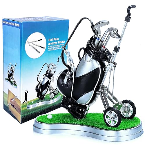 Golf Pen Holder with 3 Club Pens and Movable Golf Cart, Mini Golf Bag Desk Decor for Office, Funny Golf Gifts for Men, Dad, Boss - Stocking Stuffers for Golfers on Birthday, Christmas, Fathers Day - style: Golf Bag w/Cart