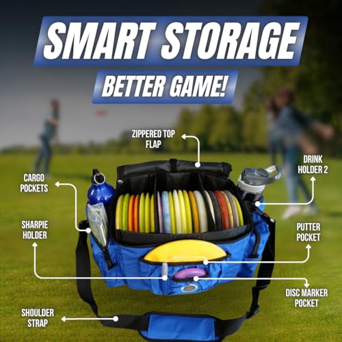 Disc Golf Bag with Removeable Cooler,13 Disc Capacity with Insulated Cooler for a 6-Pack,22 disc max,Adjustable Backpack Strap Included - color: BLUE