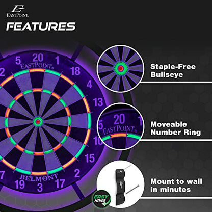EastPoint Blacklight Dart Board - 18" Bristle Sisal 6 Steel Tip Darts - Glow Ring & Flights for Man Cave Accessories - Staple-Free Bullseye for Bar Games - Self-Healing Sisal - Indoor Games for Adults
